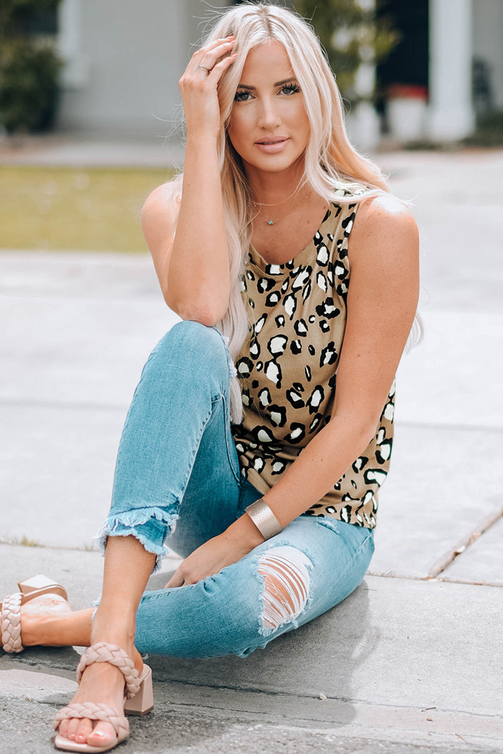 Blue Leopard Print Crew Neck Tank Top