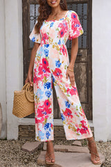 Multicolor Floral Print Smocked Puff Sleeve Jumpsuit