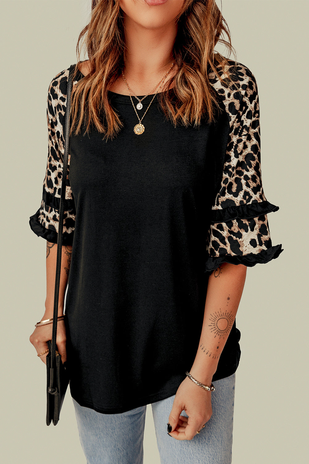 Black Ruffled Leopard Sleeve Patchwork Top