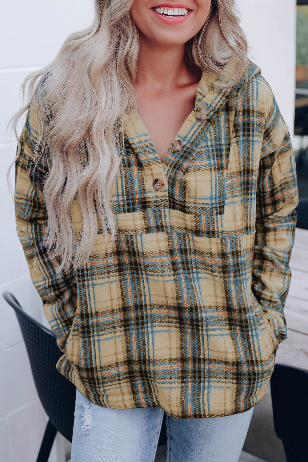 White Plaid Button Neck Pocketed Pullover Hoodie