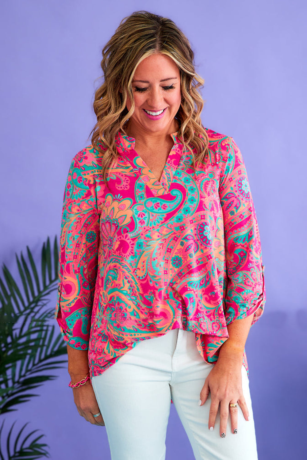 Rose Plus Size Paisley Print V Neck Roll Tab Sleeve Blouse