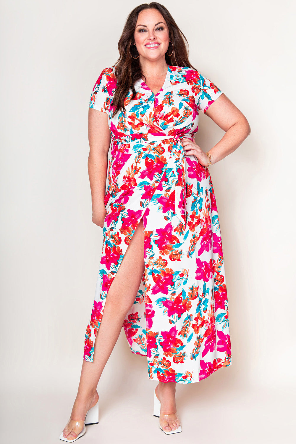 Rose Plus Size Floral Print Wrap Slit Dress