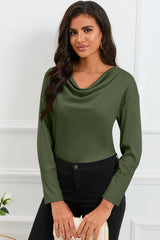 Green Cowl Neck Long Sleeve Elegant Blouse