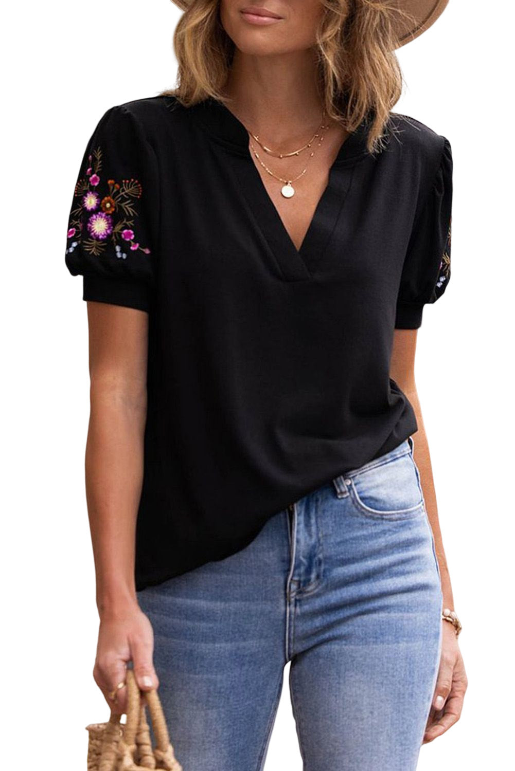 Black Floral Embroidered Sleeve Notch Neck Top