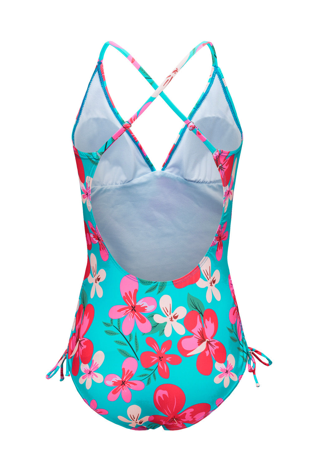 Sky Blue Flower Print Open Back One-piece Swimwear