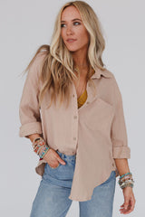 Khaki Crinkled Turn-down Collar Buttoned Shirt with Pocket