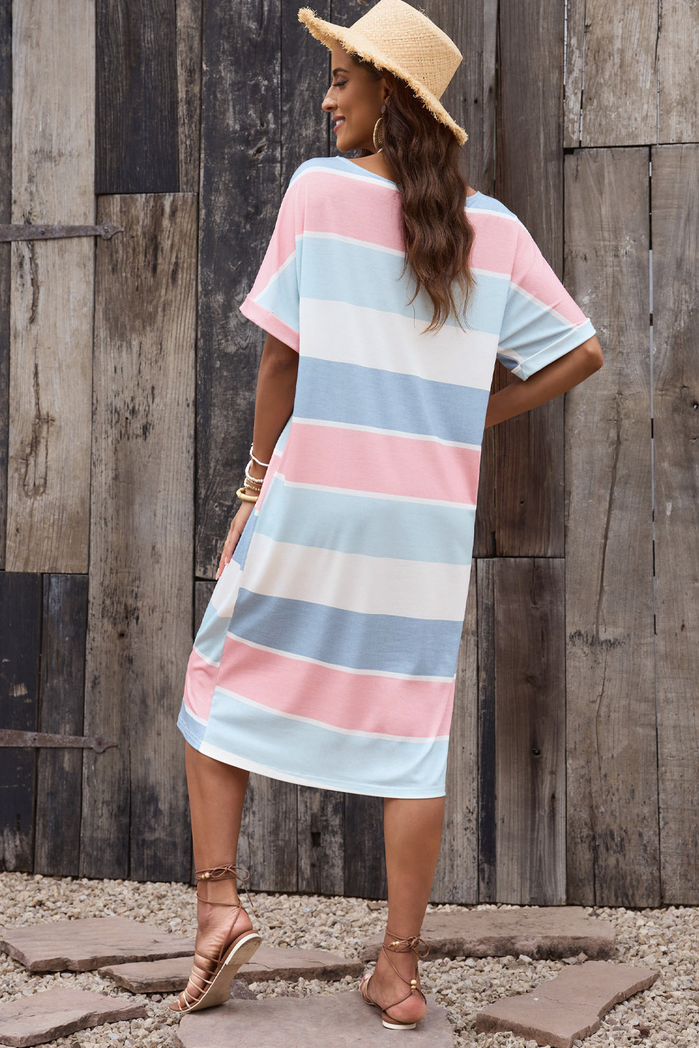 Multicolor Striped Color Block Loose Fit 3/4 Sleeve Dress