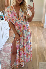 Multicolor Tropical Floral Print Ruched V Neck Maxi Dress