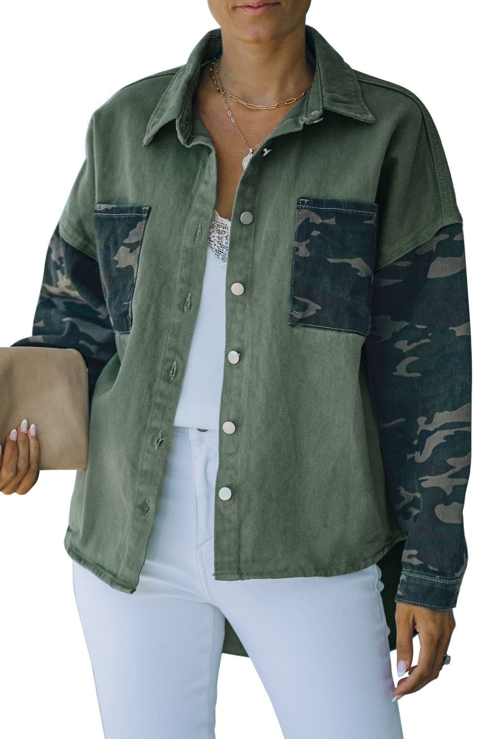 Green Camo Print Patchwork Button-up Jacket