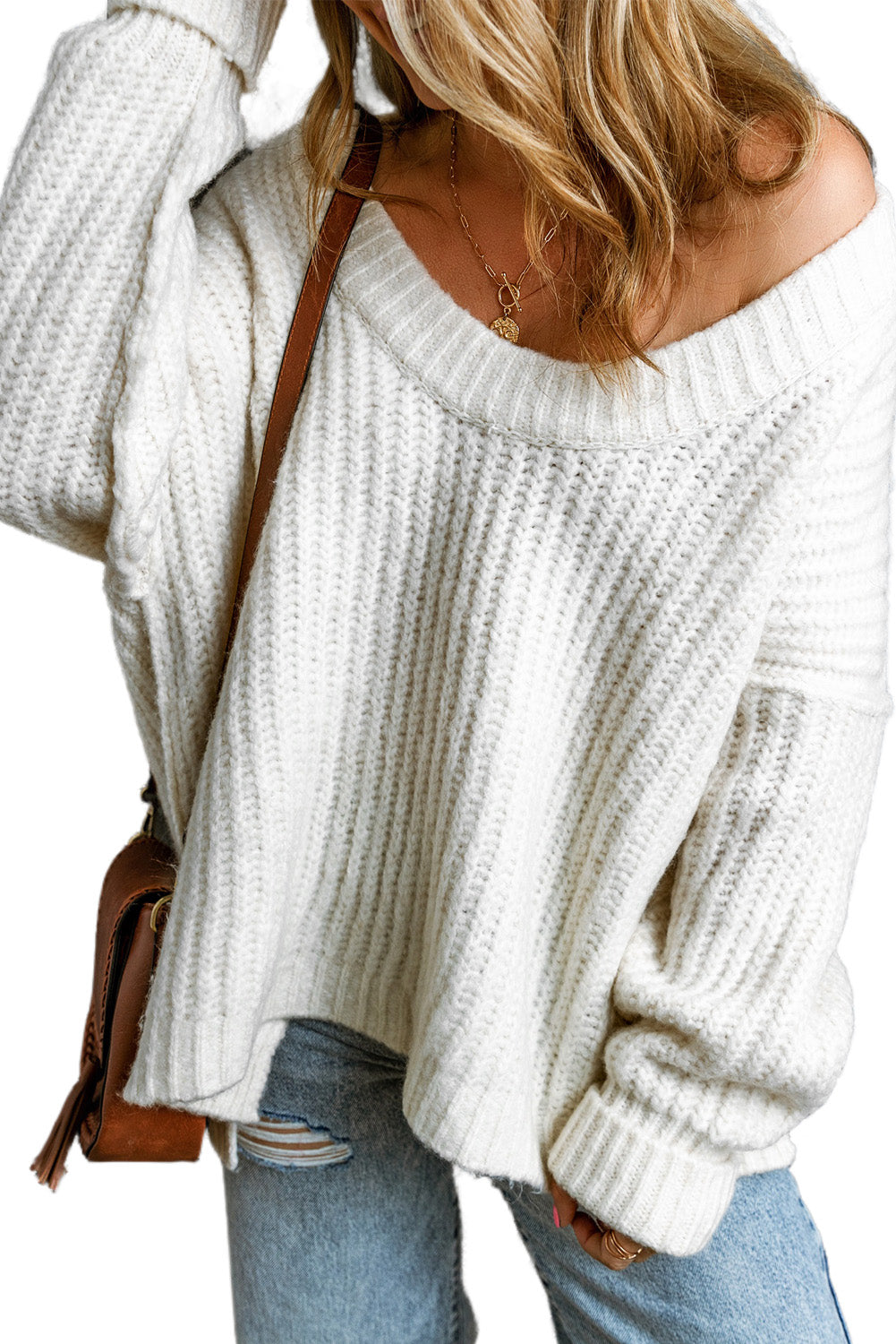 White Ribbed Knit Round Neck Slouchy Chunky Sweater