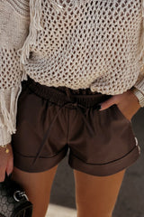 Brown PU Leather Belted High Waist Shorts