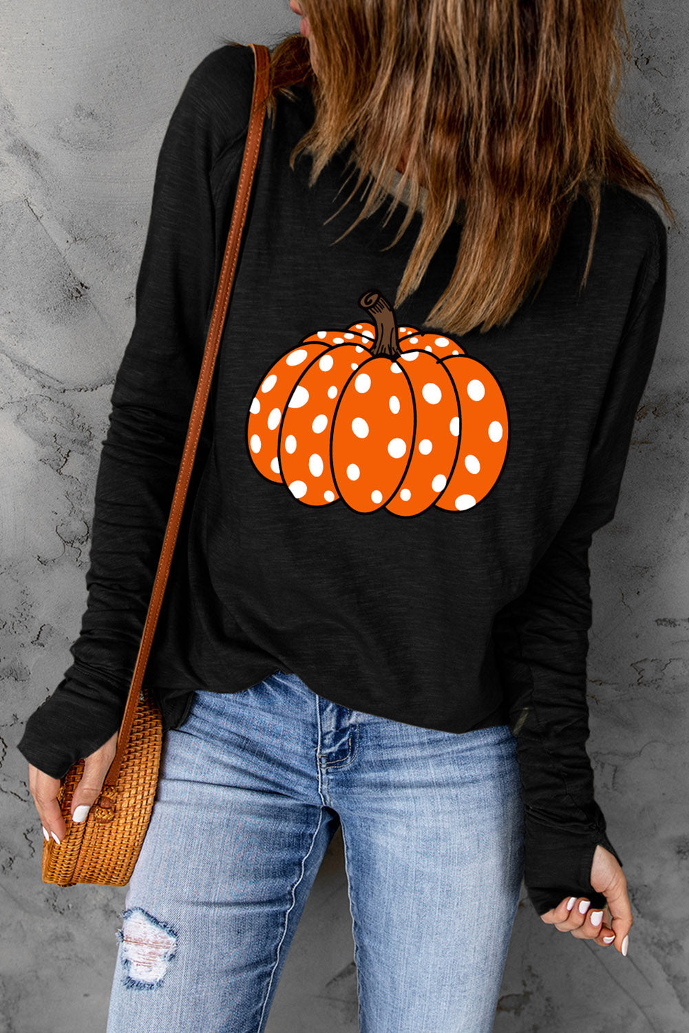 Black Halloween Pumpkin Graphic Thumbhole Sleeve Top