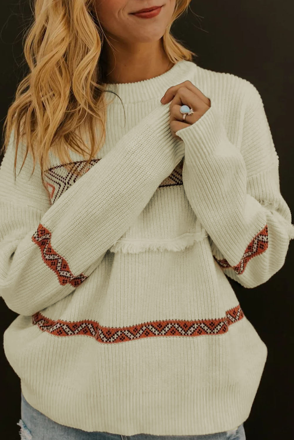 Snow White Western Geometric Print Tasseled Textured Sweater