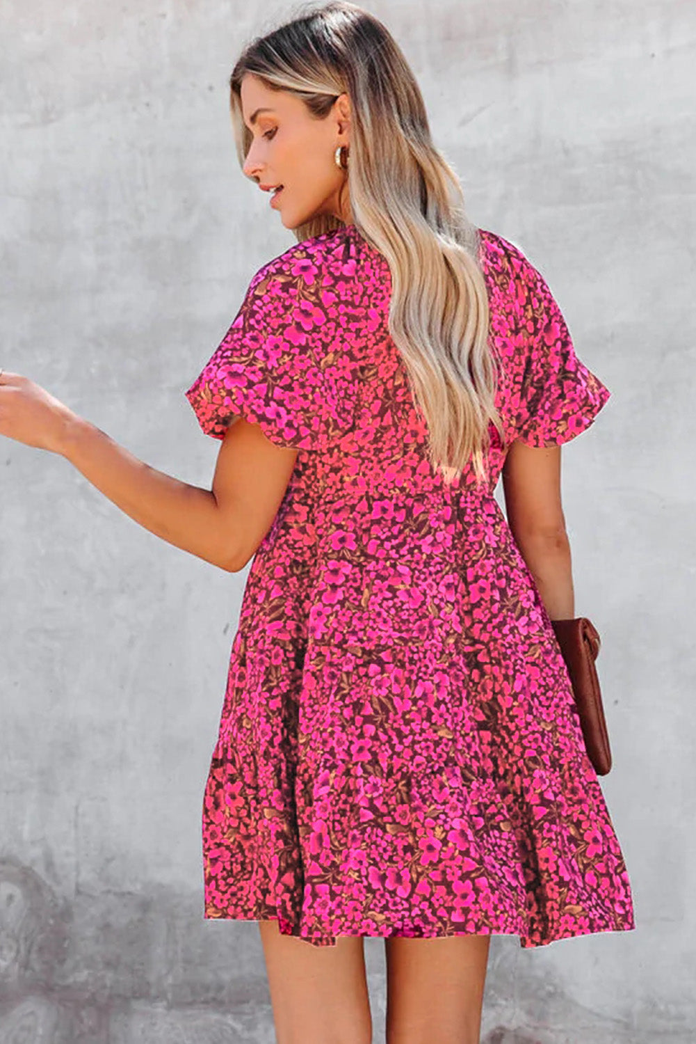 Khaki Floral Print Tiered Flutter Sleeve V Neck Top