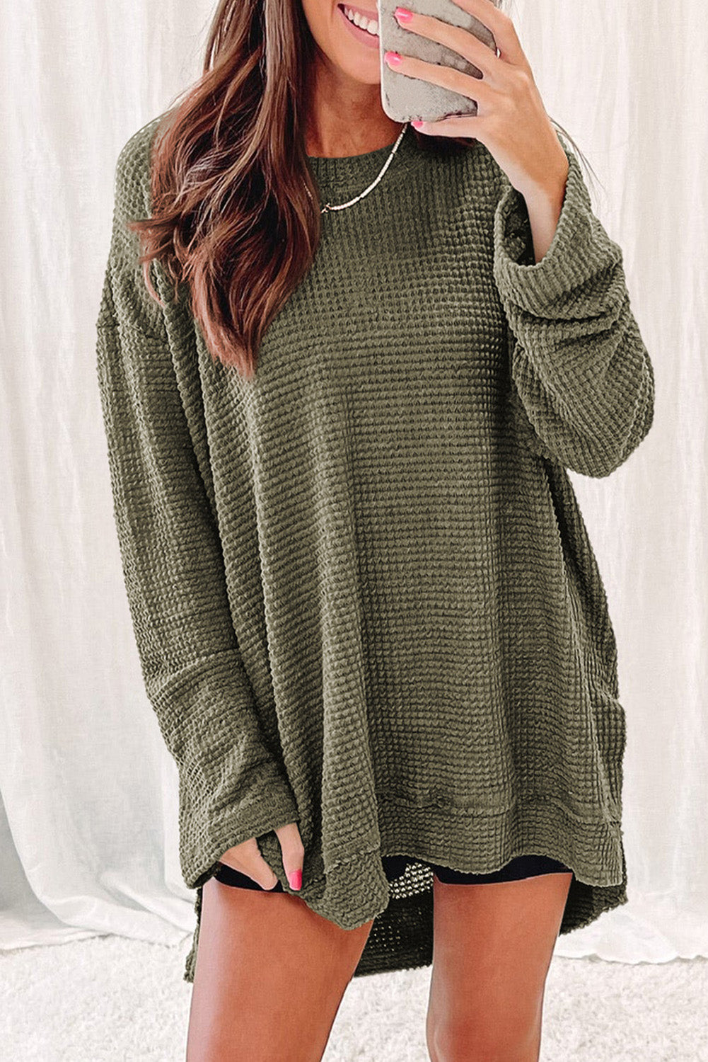 Gray Waffle Knit High Slits Oversized Top