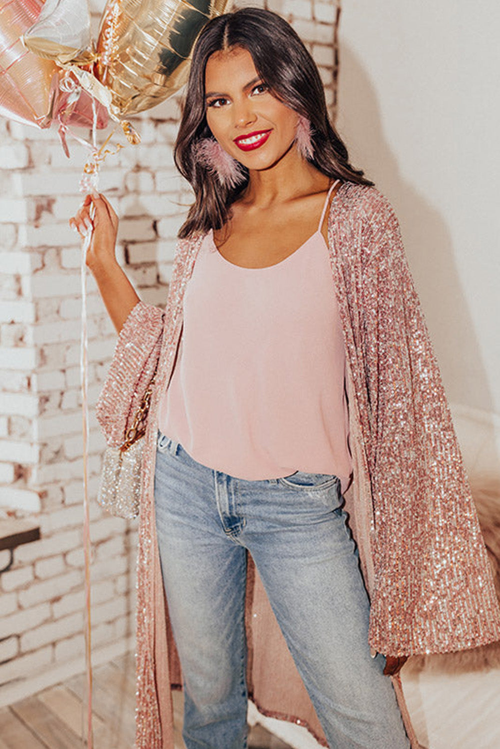 Pink Flare Sleeve Open Front Sequin Kimono