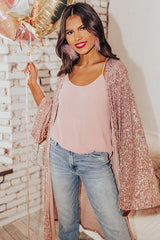 Pink Flare Sleeve Open Front Sequin Kimono