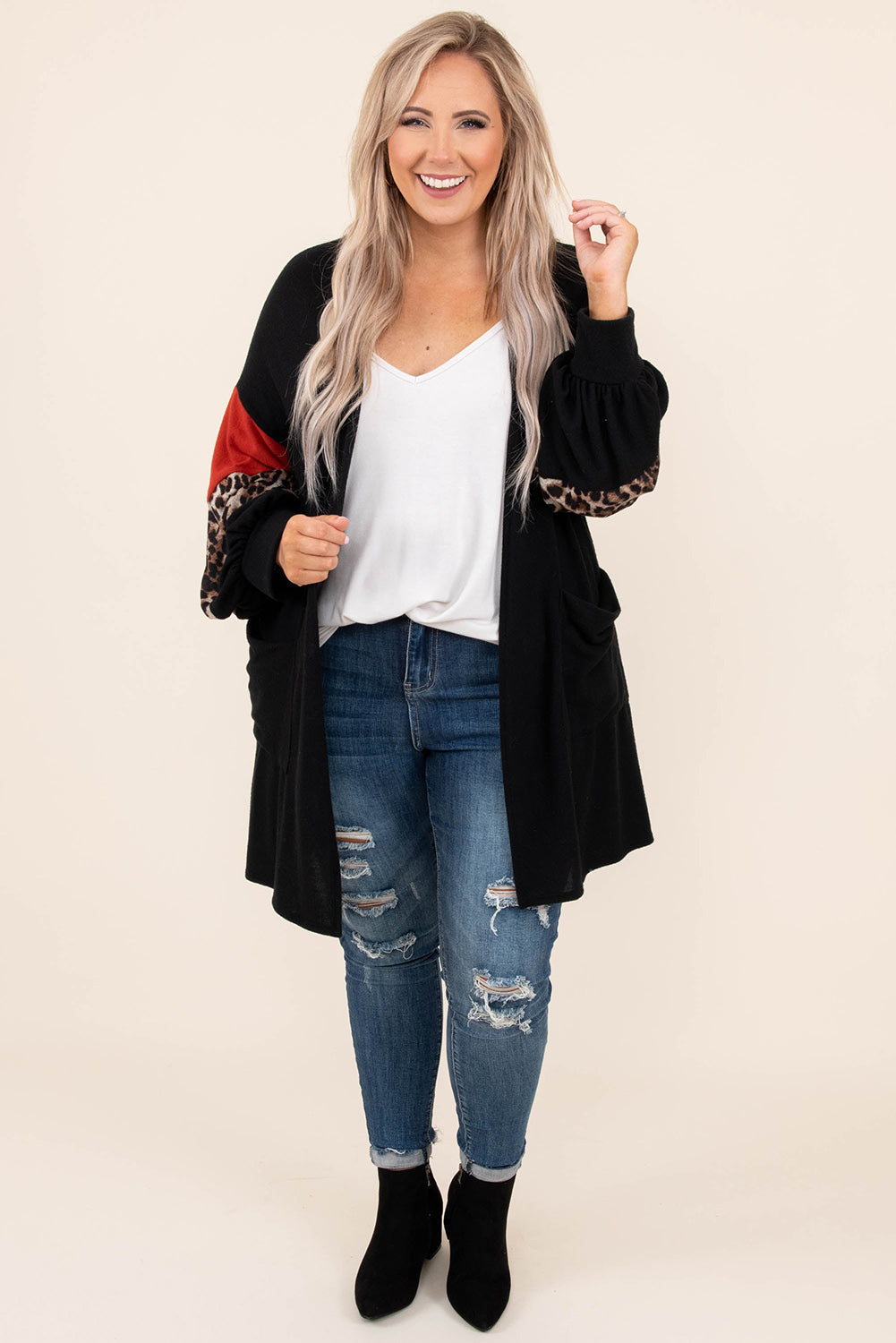 Black Leopard Color Block Sleeve Plus Size Cardigan