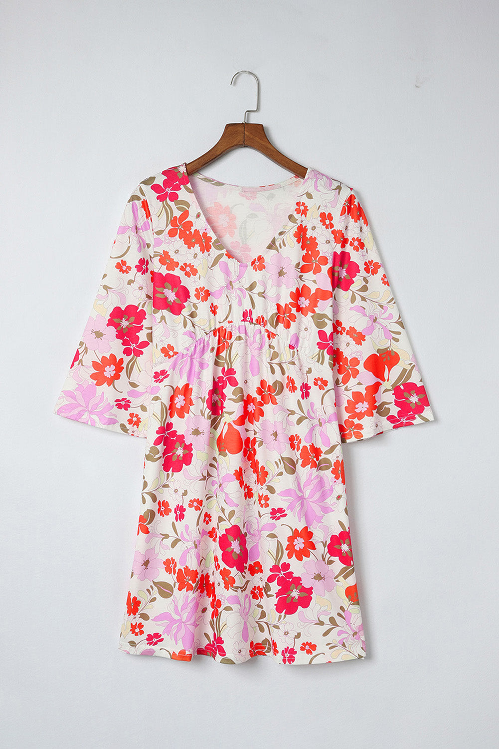 White V Neck 3/4 Sleeve Floral Dress