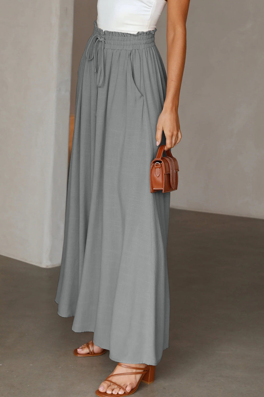Beige Drawstring Smocked High Waist Wide Leg Pants