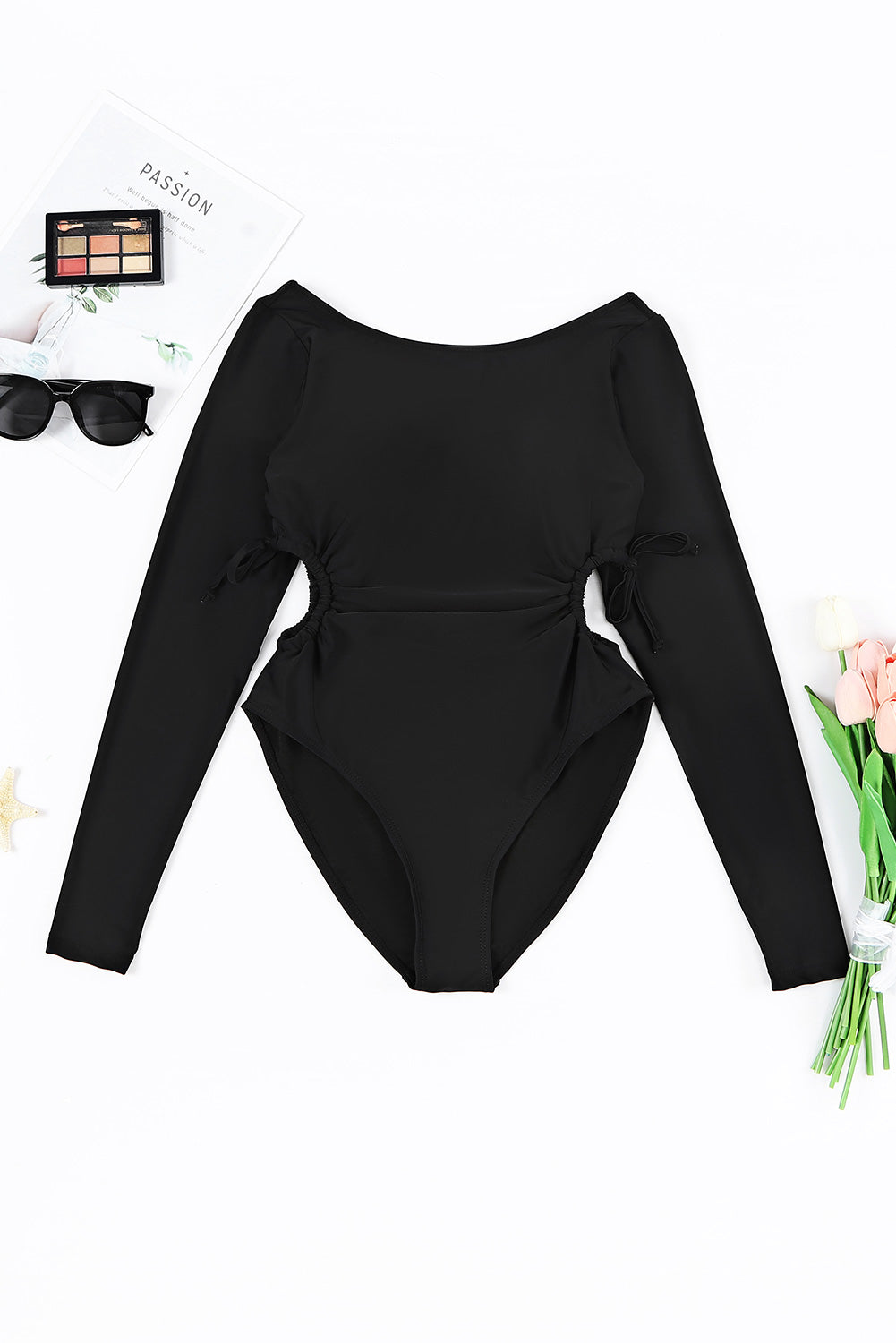 Black Drawstring Waist Cut-out Long Sleeve One Piece Swimsuit