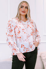 White Split V Neck Floral Plus Size Blouse with Ruffles