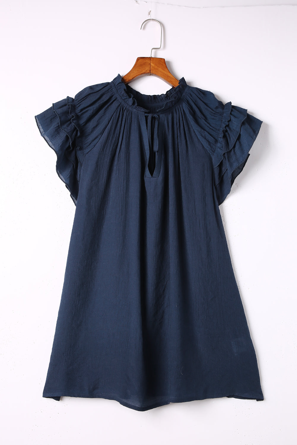 Blue Tiered Ruffled Sleeve Drawstring V Neck Plus Size Blouse