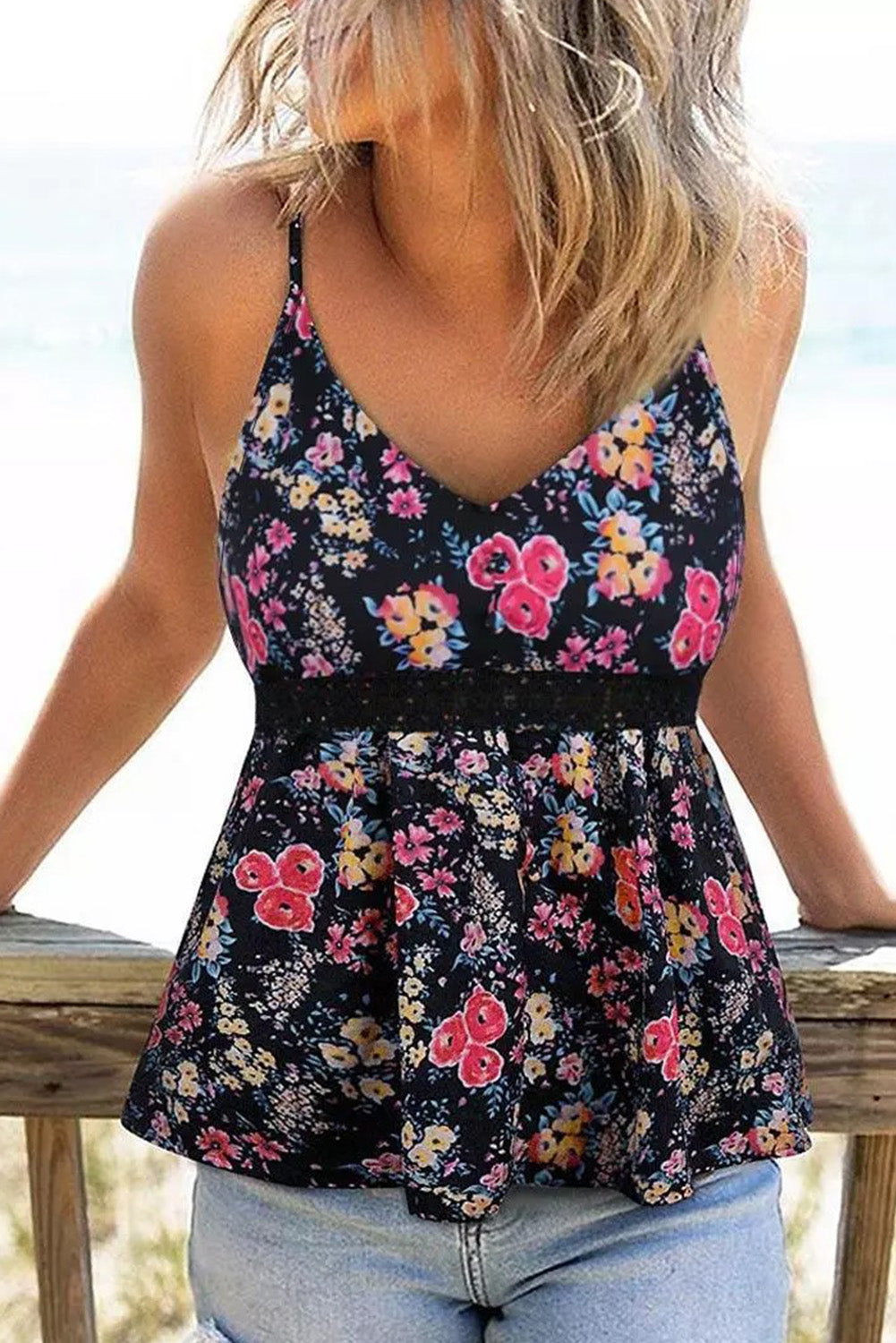 Black Lace Contrast Floral Peplum Tank Top