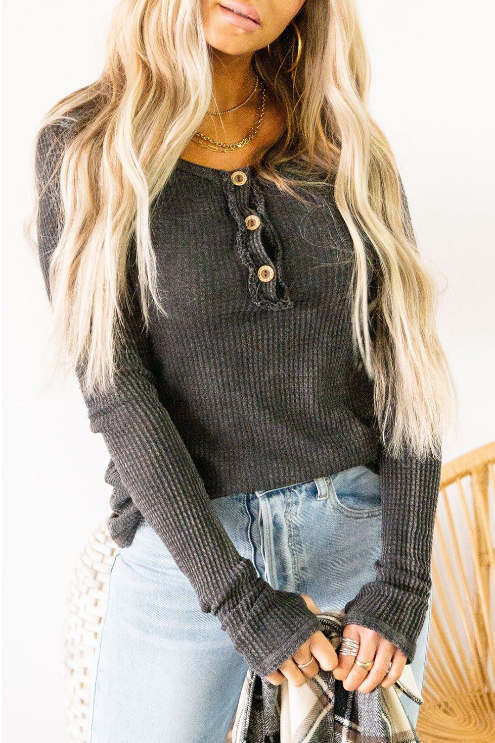 Gray Waffle Knit Long Sleeve Henley Top