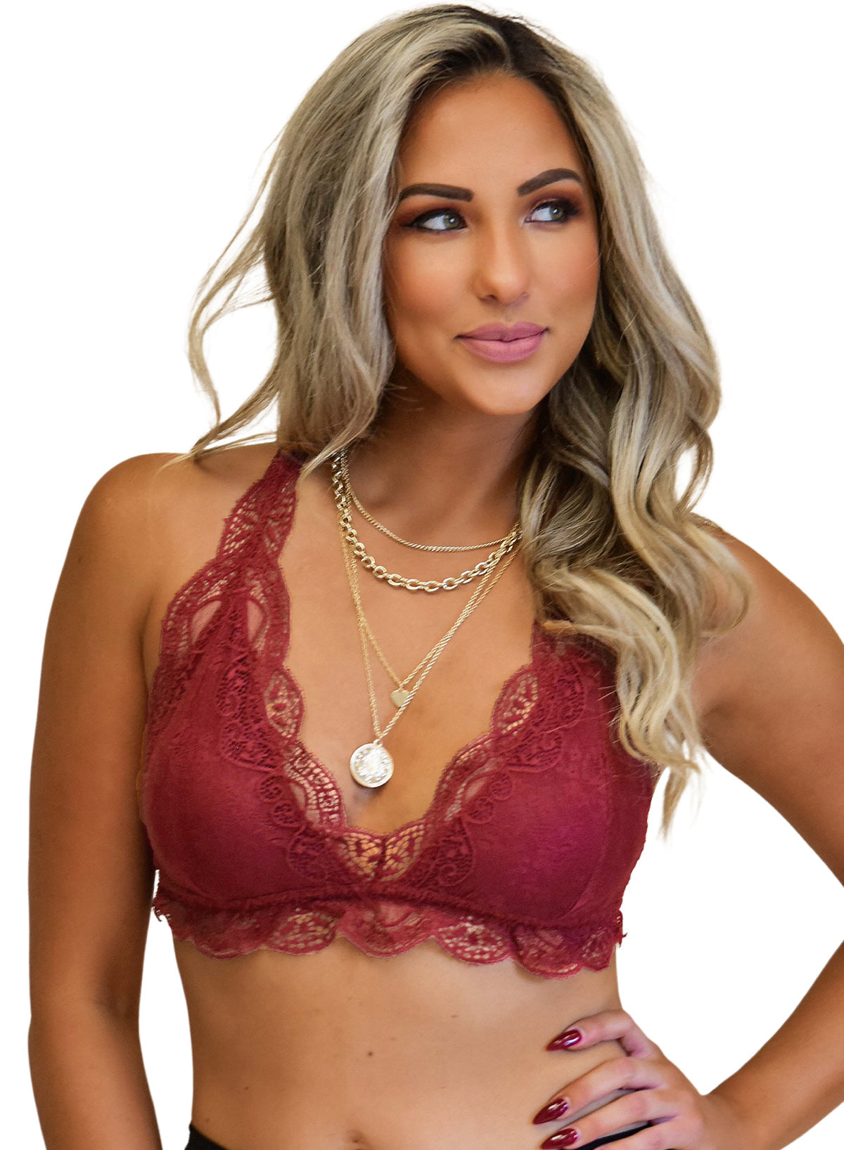 Red Halter Scalloped V Neck Lace Bralette