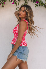 Red Smocked One-shoulder Floral Tank