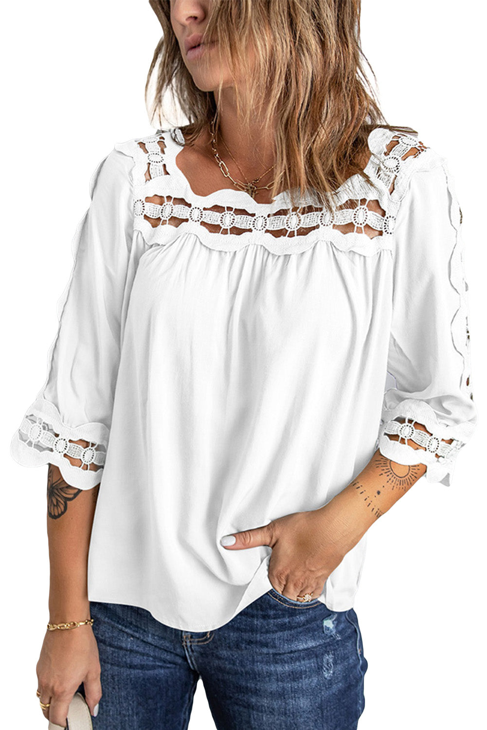 Black Lace Trim Half Sleeve Plus Size Top