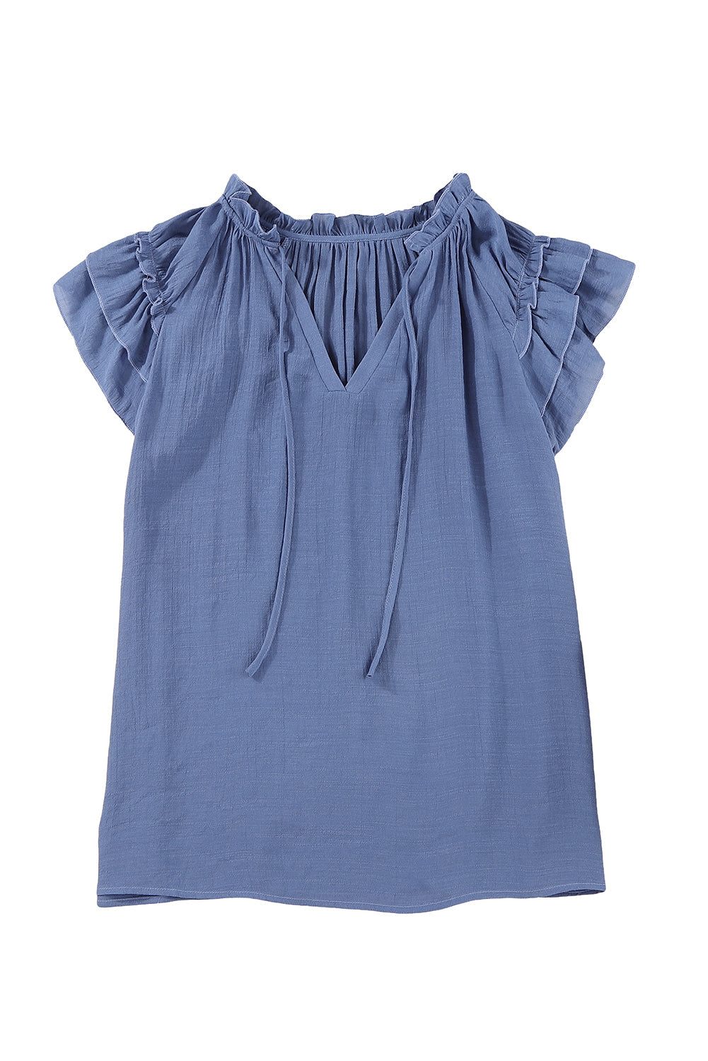 Gray Tiered Ruffled Drawstring V Neck Top