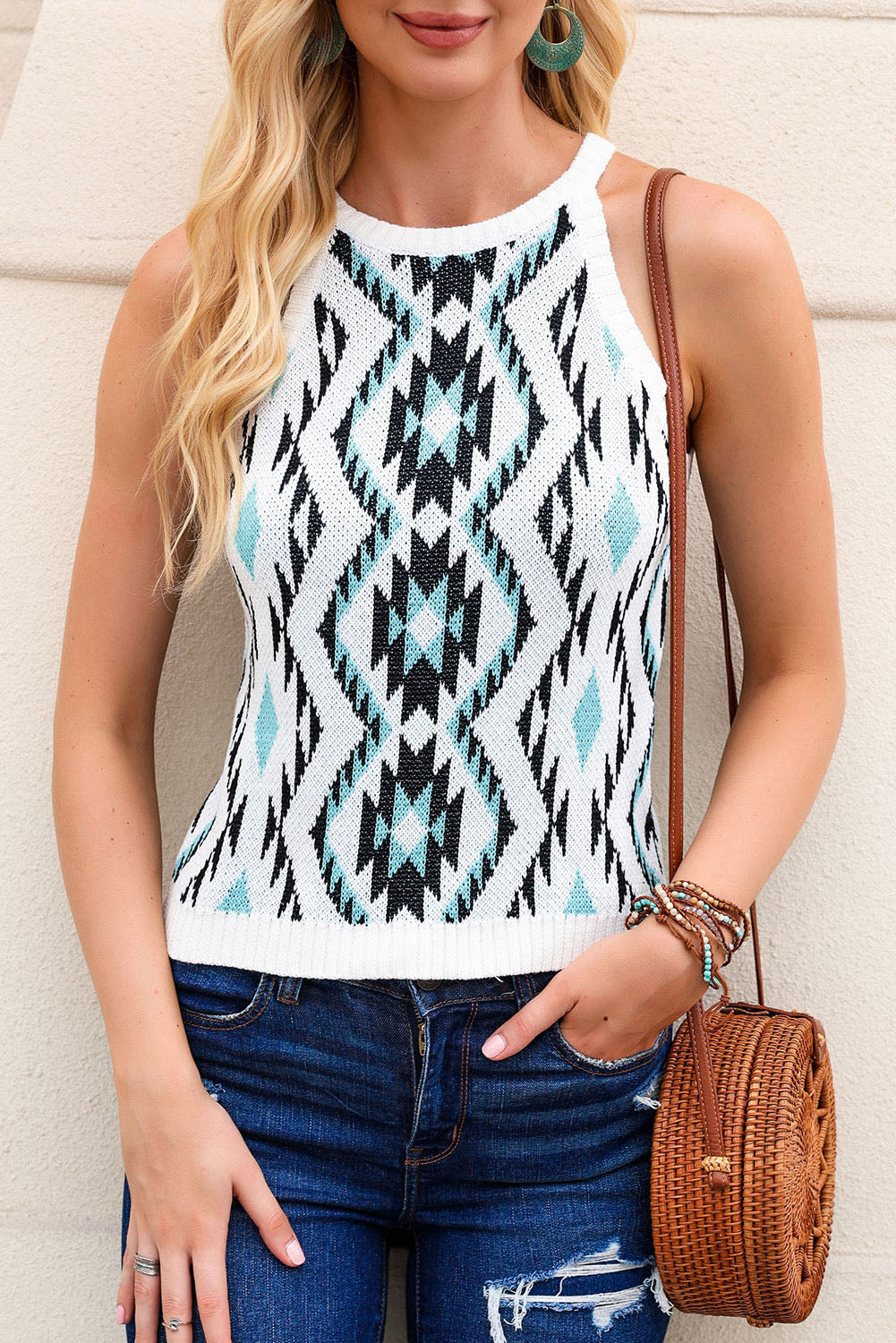 Black Aztec Geometric Print Knitted Tank Top