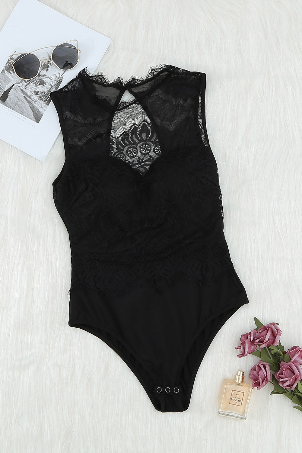 Black Lace High Neck Cut Out Back Bodysuit