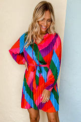 Multicolor Color Block Pleated Lace-up High Waist Mini Dress