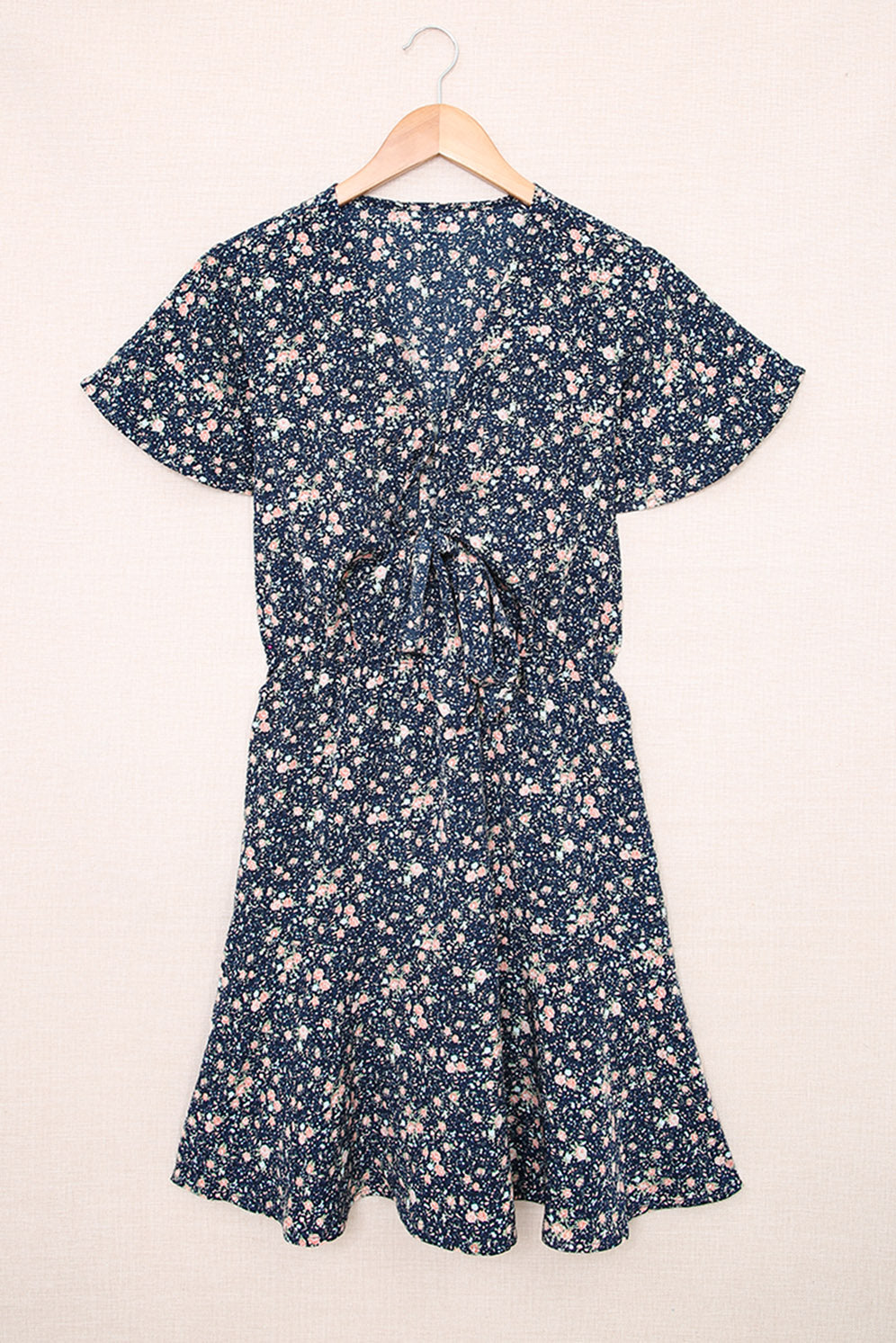 Blue Floral Print Tie Knot Ruffled Short Sleeve Mini Dress