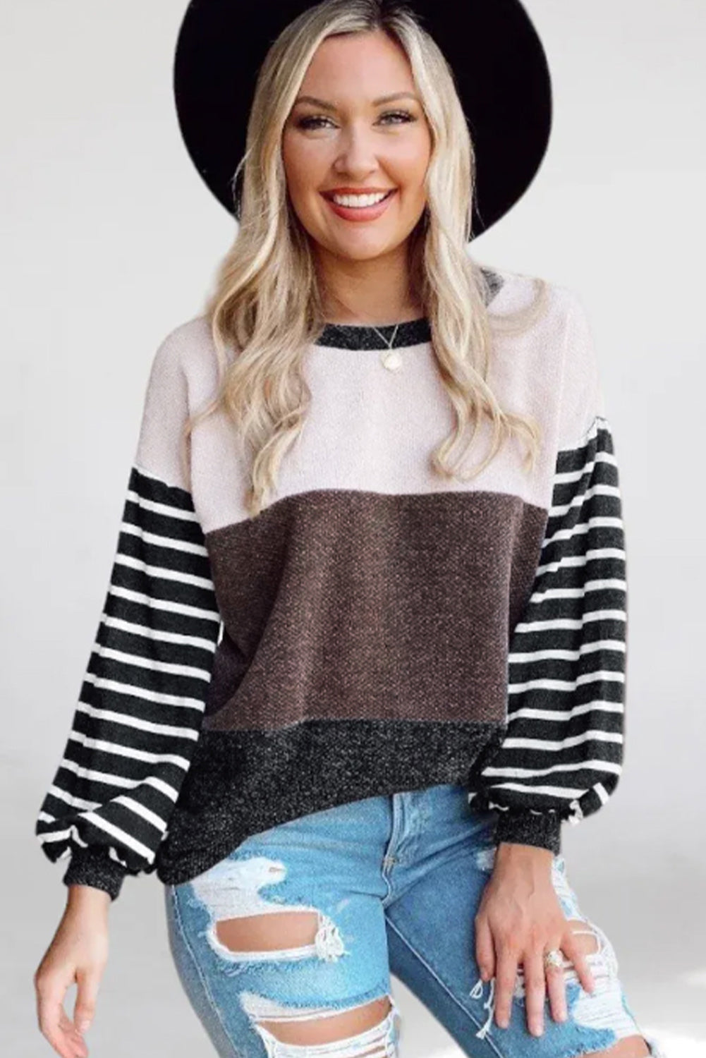 Multicolor Contrast Striped Sleeve Color Block Pullover