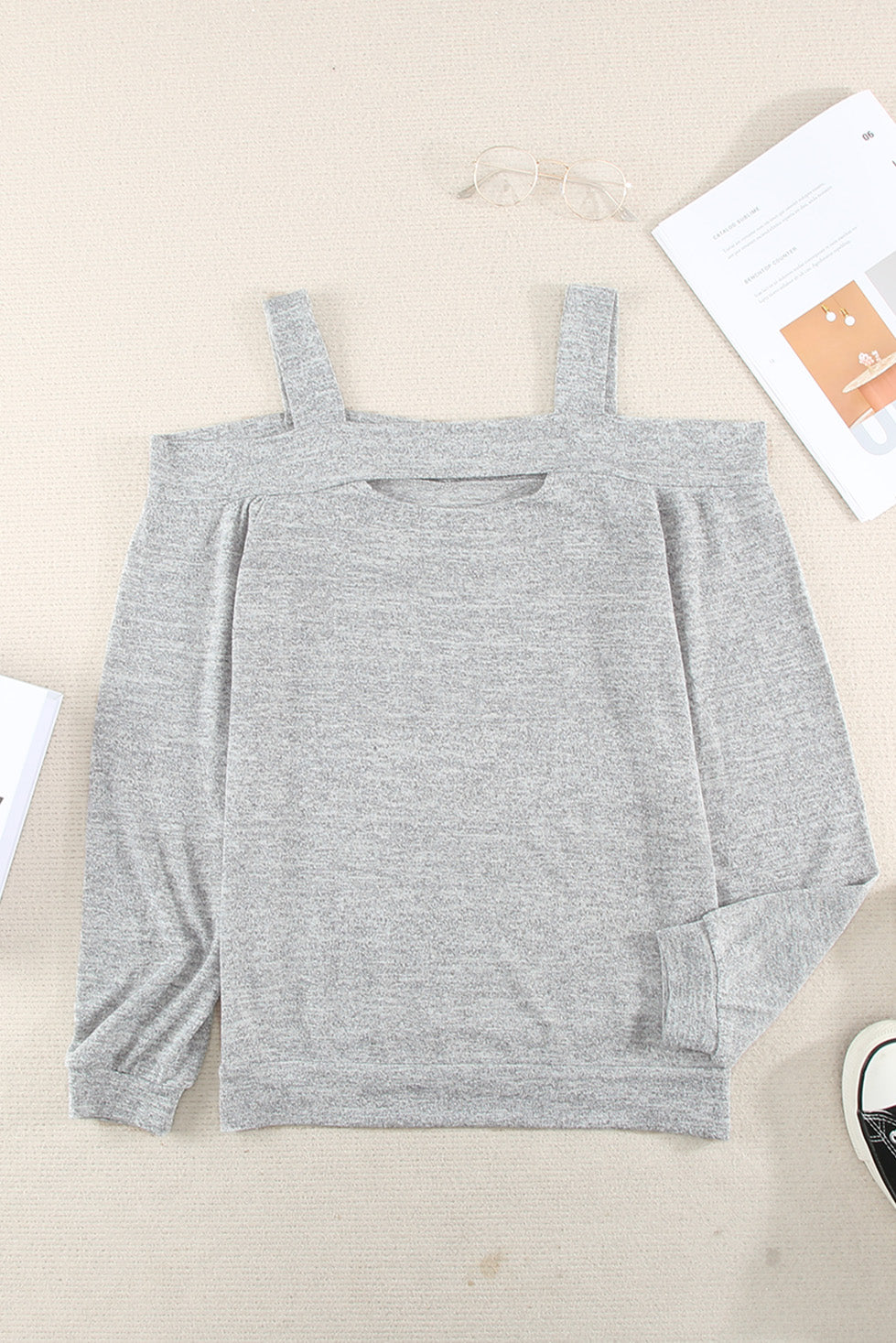 Grey Cold Shoulder Hollow-out Bust Knit Top