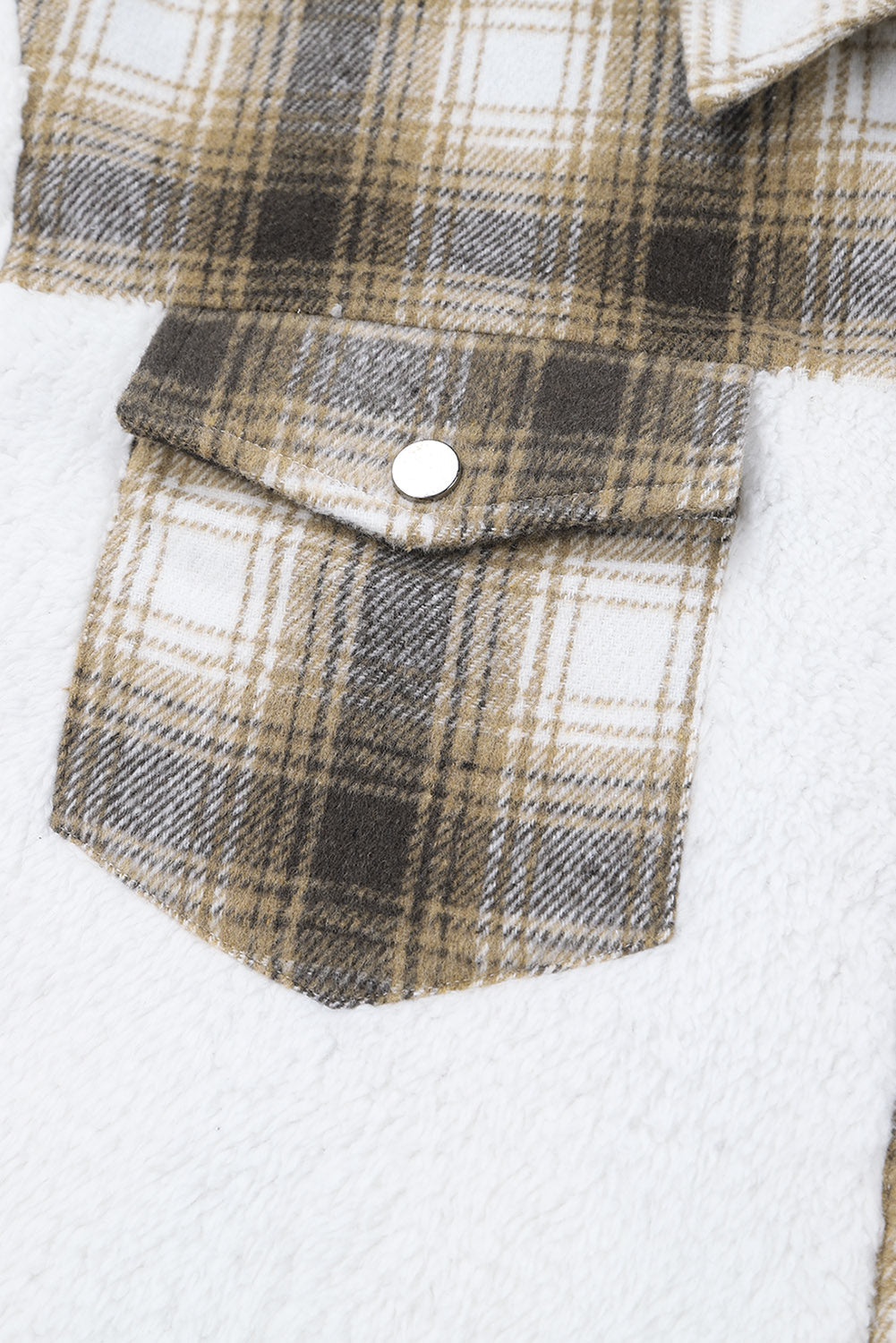 Gray Plaid Patchwork Buttoned Pocket Sherpa Jacket