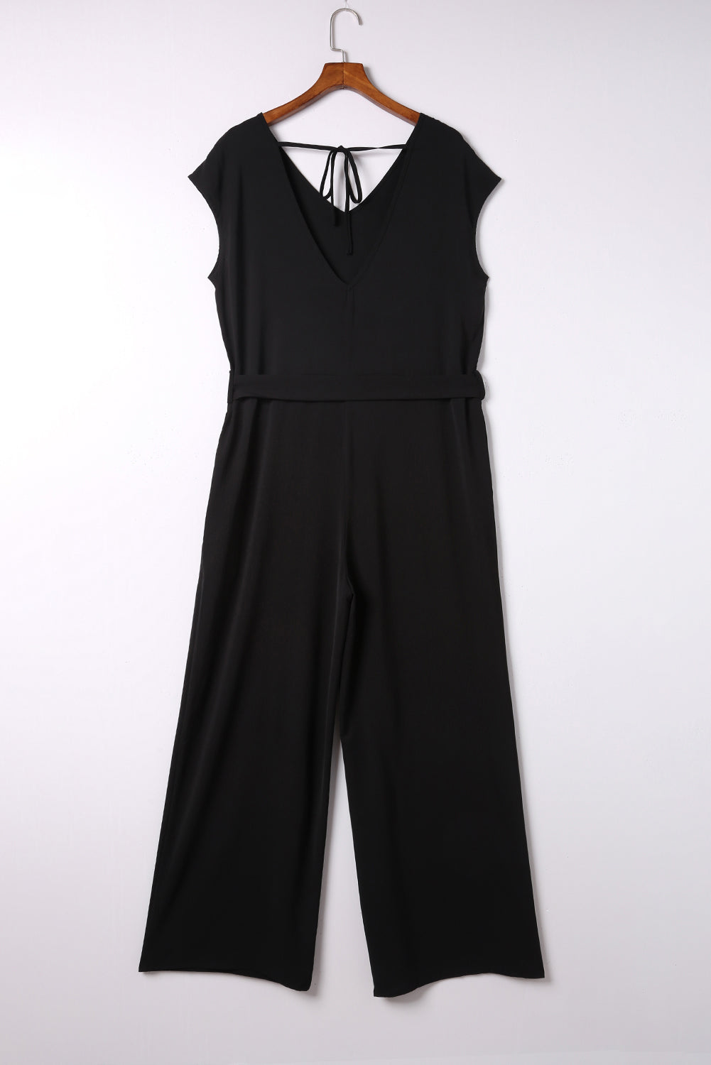 Black Sleeveless V Neck Belted Wide Leg Jumpsuit