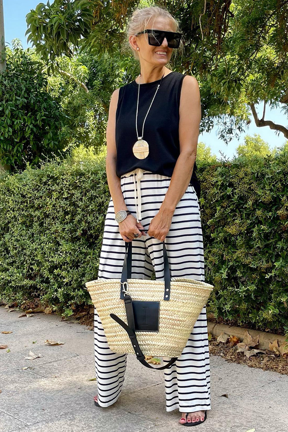 White Drawstring Striped Wide Leg Pants