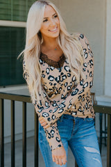 Leopard Print Lace Trim V Neck Top