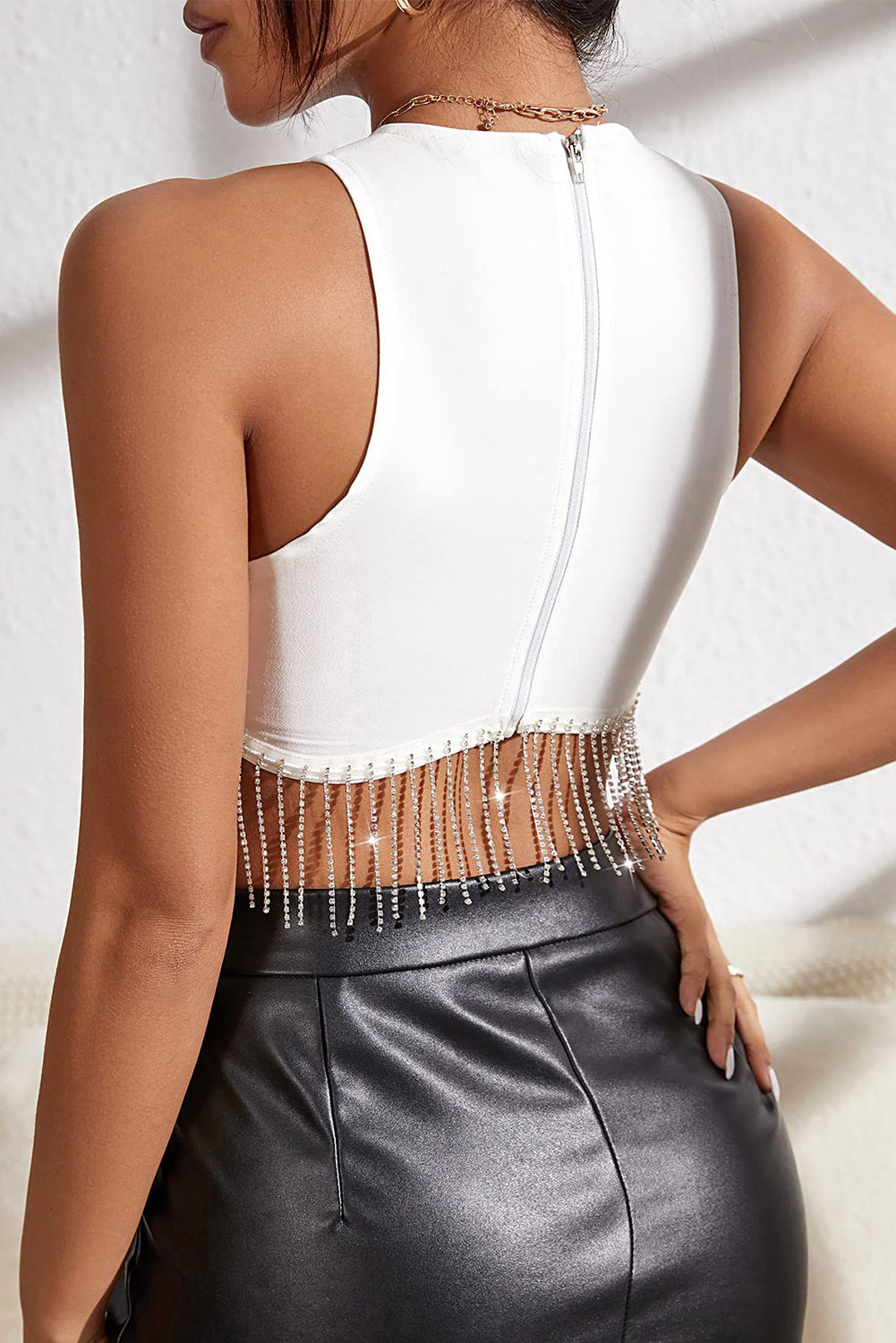 White Rhinestone Fringe Zip Back Round Neck Cropped Tank Top