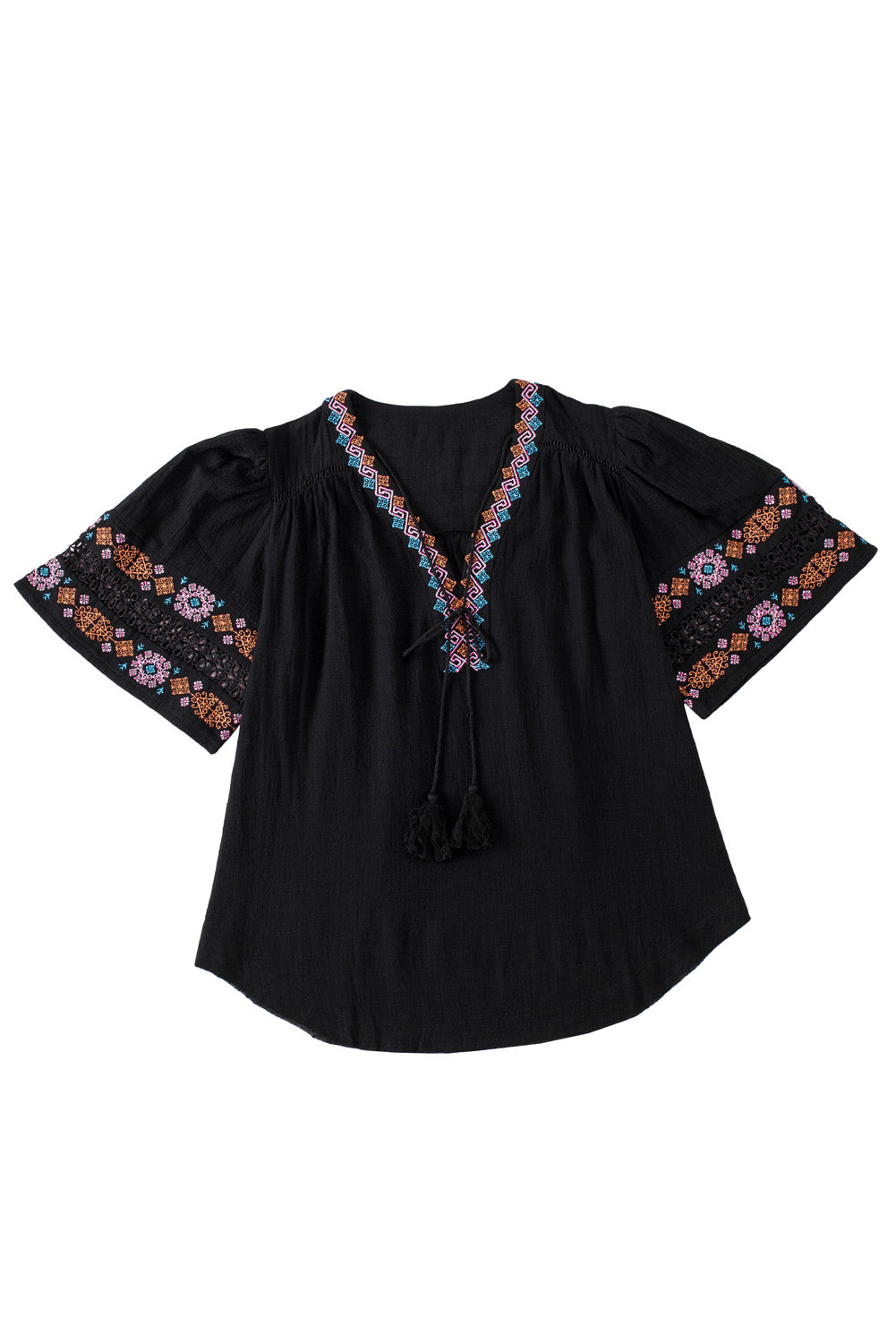 Beige Tassel Drawstring Embroidered Half Sleeve V Neck Top