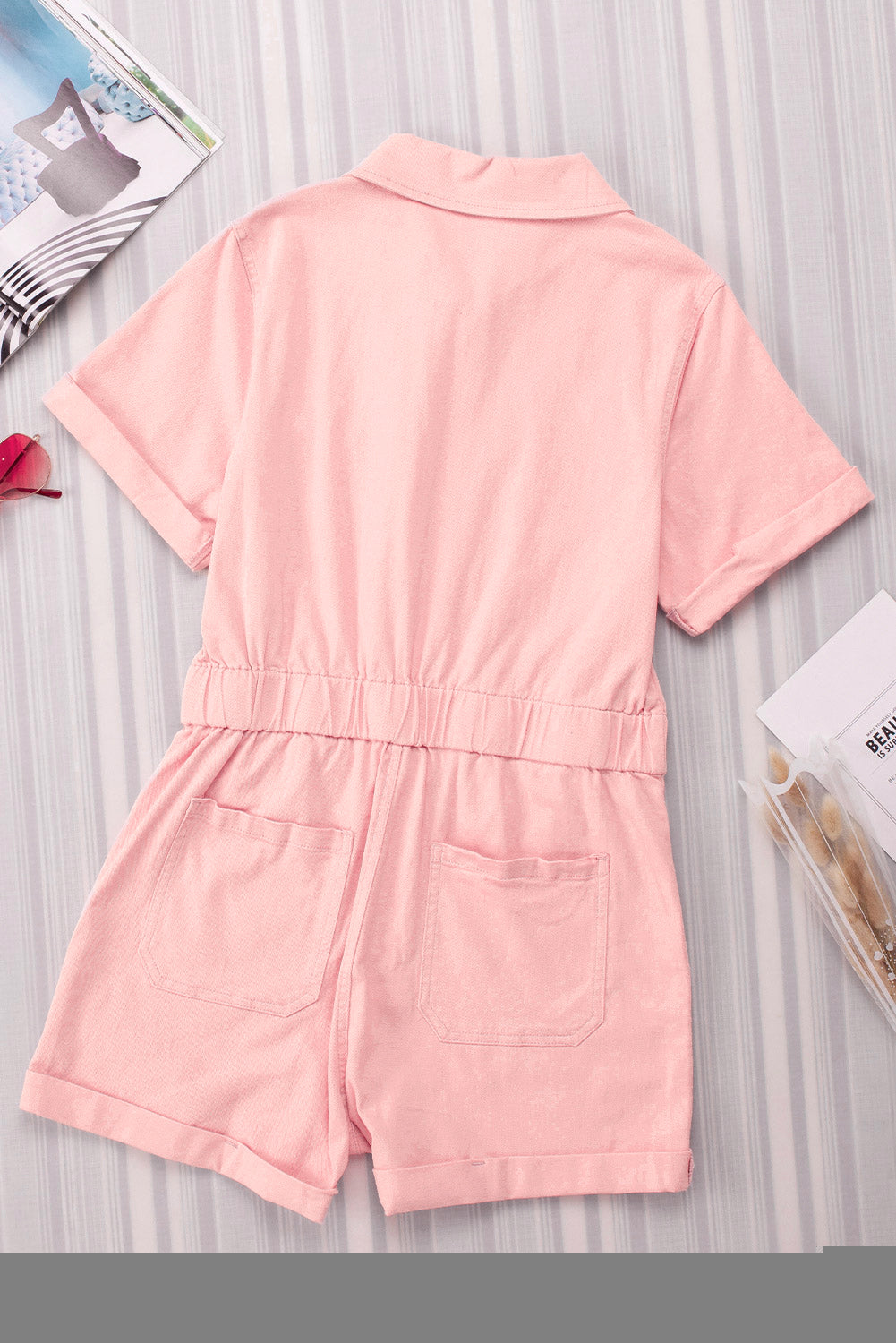 Pink Pocketed Button Down Denim Romper