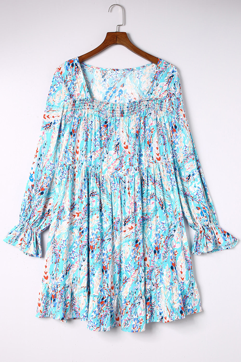 Sky Blue Ruffled Square Neck Floral Dress