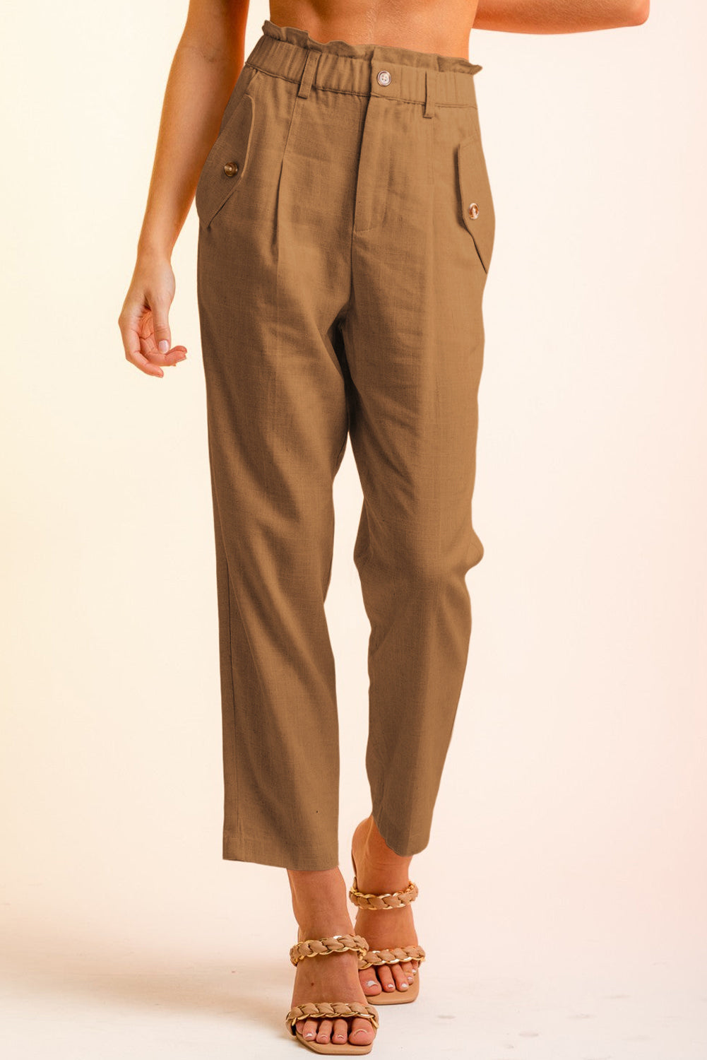 Brown Button Flap Pocket High Waisted Linen Pants