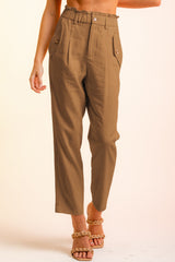 Brown Button Flap Pocket High Waisted Linen Pants