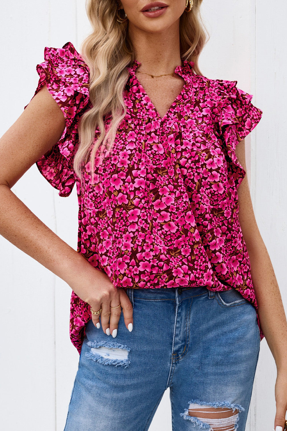 Khaki Floral Print Tiered Flutter Sleeve V Neck Top